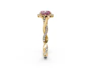 Halo Engagement Ring Setting for Fancy Pink Cushion Cut Center with Twist Band and Prong Head in Yellow Gold