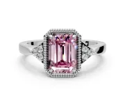 Cluster Engagement Ring Setting for Fancy Pink Emerald Cut Center with Milgrain Shoulder Clusters and Prong Head in Platinum