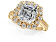 Milgrain Halo Engagement Ring Setting for Asscher Cut Center with Bezel Point Accents and Prong Head in Yellow Gold
