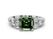Cluster Engagement Ring Setting for Fancy Green Asscher Cut Center with Round Cut Accent Frame and Prong Head in Platinum