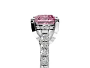 Solitaire Engagement Ring Setting for Fancy Pink Cushion Cut Center with Widening Pave Band and Claw Prong Head in White Gold