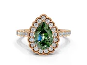 Milgrain Floral Halo Engagement Ring Setting for Fancy Green Pear-Shaped Center with Pave Band and Prong Head in Rose Gold