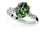 3 Stone Engagement Ring Setting for Fancy Green Oval Center with Channel Baguette Accents and Prong Head in Platinum