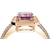 Milgrain Halo Engagement Ring Setting for Fancy Pink Radiant Cut Center with Three-Sided Pave Band and Prong Head in Rose Gold