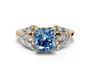 Leaf Cluster Engagement Ring Setting for Fancy Blue Cushion Cut Center with Marquise Accents and Prong Head in Yellow Gold