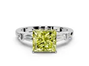 Bar-Set Engagement Ring Setting for Fancy Yellow Princess Cut Center with Tapered Baguette Accents and Prong Head in White Gold