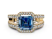 Halo Engagement Ring Setting for Fancy Blue Asscher Cut Center with Wide-Open Pave Split Shank and Prong Head in Yellow Gold