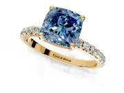 Solitaire Engagement Ring Setting for Fancy Blue Cushion Cut Center with Micro Pave Band and Prong Head in Yellow Gold