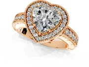 Milgrain Halo Engagement Ring Setting for Heart-Shaped Center with Pave Band and Prong Head in Rose Gold