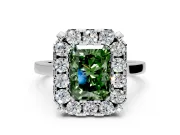 Single Halo Engagement Ring Setting for Fancy Green Radiant Cut Center with Corner Claws, Plain Band and Prong Head in Platinum