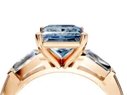 3 Stone Engagement Ring Setting for Fancy Blue Princess Cut Center with Tapered Baguettes, Plain Band and Prong Head in Rose Gold