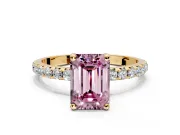 Solitaire Engagement Ring Setting for Fancy Pink Emerald Cut Center with Micro Pave Band and Prong Head in Yellow Gold