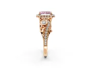 Milgrain Halo Engagement Ring Setting for Fancy Pink Radiant Cut Center with Shoulder Bezels and Prong Head in Rose Gold