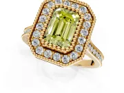 Halo Engagement Ring Setting for Fancy Yellow Emerald Cut Center with Milgrain Frame, Pave Band and Prong Head in Yellow Gold