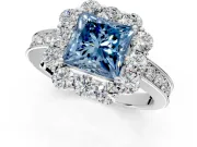 Halo Engagement Ring Setting for Fancy Blue Princess Cut Center with Milgrain Channel Band and Prong Head in Platinum