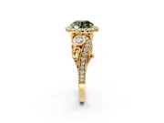Milgrain Halo Engagement Ring Setting for Fancy Green Round Cut Center with Shoulder Bezels and Prong Head in Yellow Gold