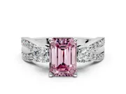 3 Stone Engagement Ring Setting for Fancy Pink Emerald Cut Center with Pave Twist Band and Prong Head in Platinum