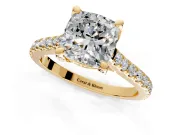 Solitaire Engagement Ring Setting for Cushion Cut Center with Widening Pave Band and Claw Prong Head in Yellow Gold