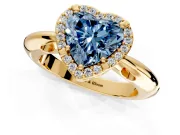 Halo Engagement Ring Setting for Fancy Blue Heart-Shaped Center with Tapered Plain Band and Prong Head in Yellow Gold
