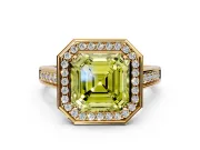 Halo Engagement Ring Setting for Fancy Yellow Asscher Cut Center with Outer Bezel Rim, Pave Band and Prong Head in Yellow Gold