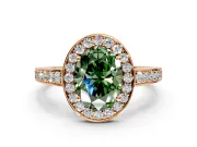 Bezel-Framed Halo Engagement Ring Setting for Fancy Green Oval Center with Pave Band and Prong Head in Rose Gold
