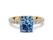 Solitaire Engagement Ring Setting for Fancy Blue Radiant Cut Center with Large Accent Band and Prong Head in Yellow Gold