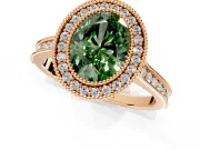 Halo Engagement Ring Setting for Fancy Green Oval Center with Milgrain Pave Band and Bezel Head in Rose Gold