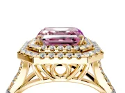 Double Halo Engagement Ring Setting for Fancy Pink Asscher Cut Center with Narrow Pave Split Shank and Prong Head in Yellow Gold