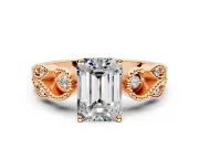 Leaf Engagement Ring Setting for Emerald Cut Center with Milgrain Accent Band and Prong Head in Rose Gold