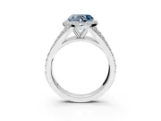 Halo Engagement Ring Setting for Fancy Blue Heart-Shaped Center with Narrow Pave Split Shank and Prong Head in Platinum