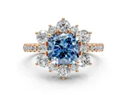 Floral Halo Engagement Ring Setting for Fancy Blue Cushion Cut Center with Pave Accents and Prong Head in Rose Gold