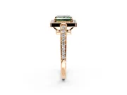 Bezel-Framed Halo Engagement Ring Setting for Fancy Green Princess Cut Center with Pave Band and Prong Head in Rose Gold