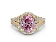 Halo Engagement Ring Setting for Fancy Pink Oval Center with Narrow Pave Split Shank and Prong Head in Yellow Gold