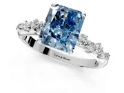 Cluster Engagement Ring Setting for Fancy Blue Radiant Cut Center with Round Cut Accent Band and Prong Head in Sterling Silver