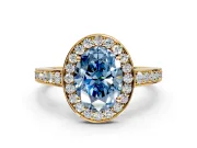 Bezel-Framed Halo Engagement Ring Setting for Fancy Blue Oval Center with Pave Band and Prong Head in Yellow Gold