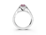 Halo Engagement Ring Setting for Fancy Pink Emerald Cut Center with Narrow Pave Split Shank and Prong Head in Platinum