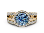 Halo Engagement Ring Setting for Fancy Blue Round Cut Center with Wide-Open Pave Split Shank and Prong Head in Yellow Gold