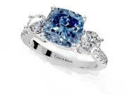 3 Stone Engagement Ring Setting for Fancy Blue Cushion Cut Center with Crossover Basket, Pave Band and Prong Head in White Gold