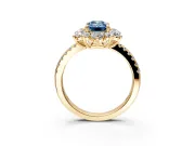 Floral Halo Engagement Ring Setting for Fancy Blue Emerald Cut Center with Pave Accents and Prong Head in Yellow Gold