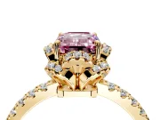 Halo Engagement Ring Setting for Fancy Pink Emerald Cut Center with Openwork Halo, Pave Band and Prong Head in Yellow Gold