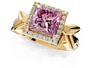 Halo Engagement Ring Setting for Fancy Pink Princess Cut Center with Floral Band and Prong Head in Yellow Gold