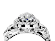 Halo Engagement Ring Setting for Pear-Shaped Center with Open Scroll Shoulders and Prong Head in Sterling Silver