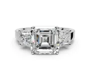 3 Stone Engagement Ring Setting for Asscher Cut Center with Matching Side Accents and Prong Head in White Gold