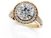 Halo Engagement Ring Setting for Round Cut Center with Outer Bezel Rim, Pave Band and Prong Head in Yellow Gold