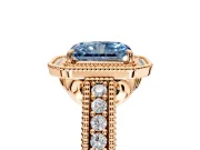 Milgrain Halo Engagement Ring Setting for Fancy Blue Radiant Cut Center with Pave Band and Prong Head in Rose Gold