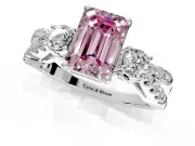 3 Stone Engagement Ring Setting for Fancy Pink Emerald Cut Center with Pave Split Shank and Prong Head in Platinum
