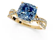 Solitaire Engagement Ring Setting for Fancy Blue Cushion Cut Center with Narrow Twist Pave Band and Prong Head in Yellow Gold