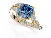 Solitaire Engagement Ring Setting for Fancy Blue Cushion Cut Center with Filigree Band and Prong Head in Yellow Gold
