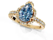 Halo Engagement Ring Setting for Fancy Blue Pear-Shaped Center with Openwork Halo, Pave Band and Prong Head in Yellow Gold