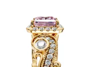 Bypass Halo Engagement Ring Setting for Fancy Pink Princess Cut Center with Bezel Accents, Milgrain and Prong Head in Yellow Gold